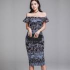 Off-shoulder Short-sleeve Print Sheath Dress