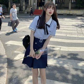 Short-sleeve Contrast Trim Shirt / Double-breasted A-line Skirt