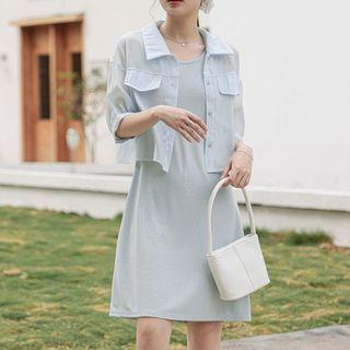 Set: Elbow-sleeve Shirt + Midi A-line Tank Dress