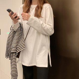 Long-sleeve Round-neck Slit Medium Long Top White - Tee - One Size