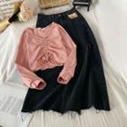 Long-sleeve Drawstring Top / Denim Midi Skirt