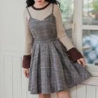 Set: Long-sleeve Two-tone Knit Top + Spaghetti Strap Plaid Mini A-line Dress