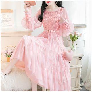 Beaded Long-sleeve Layered A-line Midi Mesh Dress