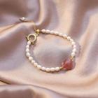 Heart Faux Crystal Freshwater Pearl Bracelet Purplish Pink & White & Gold - One Size