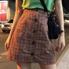 Lettering Short-sleeve T-shirt / Plaid Buttoned A-line Skirt