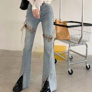Slit-hem Lace-up Bootcut Jeans