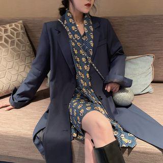 Off-shoulder Printed Chiffon Dress / Long Blazer