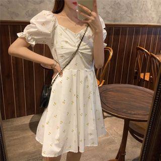 Puff-sleeve Fruit Print A-line Dress