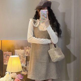 Long-sleeve Turtleneck Plain Top / Sleeveless Ruffle Trim Houndstooth Mini Dress