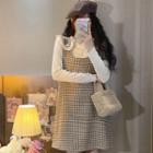 Long-sleeve Turtleneck Plain Top / Sleeveless Ruffle Trim Houndstooth Mini Dress