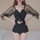 Bell-sleeve Mesh Panel Cut-out Swimsuit