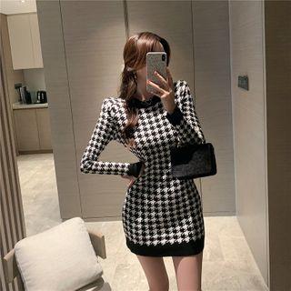 Long-sleeve Houndstooth Mini Bodycon Dress