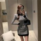 Long-sleeve Houndstooth Mini Bodycon Dress