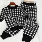 Set: Plaid Short-sleeve Knit Top + Harem Pants Set Of 2 - Top - Black - One Size / Pants - Black - One Size
