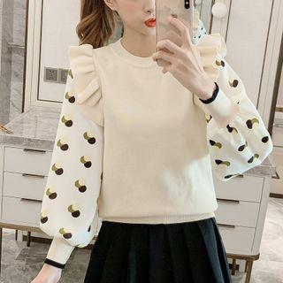 Print Panel Ruffle Trim Knit Top