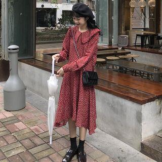 Long-sleeve Peter Pan Collar Dotted Midi Dress