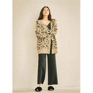 V-neck Loose-fit Leopard Cardigan Dark Beige - One Size