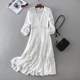 Long-sleeve V-neck Perforated Midi Dress