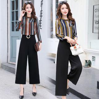 Set: Striped Blouse + Crop Wide Leg Pants