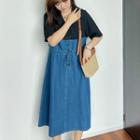 Notch Lapel Denim Panel Midi A-line Dress