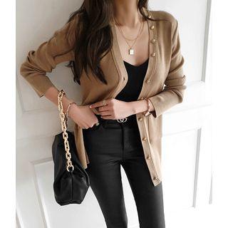 Metallic-button Dual-pocket Cardigan