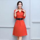 Plain Split Neck Collared 3/4 Sleeve Dress
