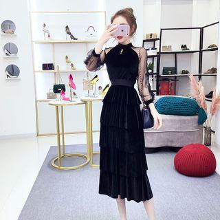 Long-sleeve Mesh Panel Midi Layered Dress