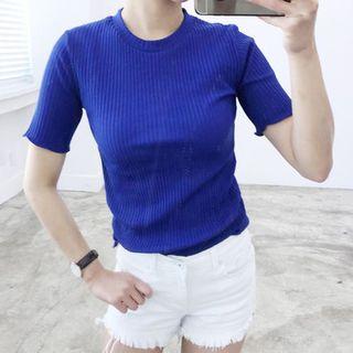 Short-sleeve Frill-edge Ribbed T-shirt