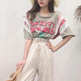 Elbow-sleeve Frill-trim Printed T-shirt