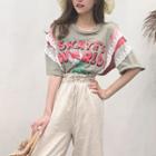 Elbow-sleeve Frill-trim Printed T-shirt