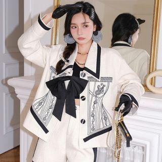 Contrast Trim Bow Accent Printed Blazer