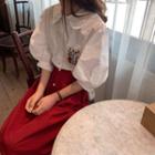 Embroidered Lantern-sleeve Blouse / High Waist Midi A-line Skirt