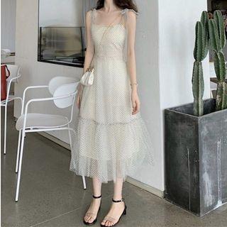 Dotted Spaghetti Strap Midi A-line Dress As Shown In Figure - One Size