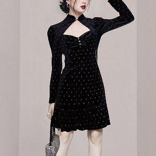 Long-sleeve Rhinestone Mandarin Collar A-line Mini Dress