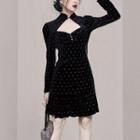 Long-sleeve Rhinestone Mandarin Collar A-line Mini Dress
