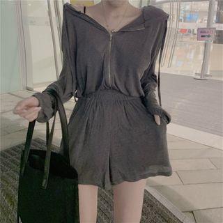 Plain Long-sleeve Zip Playsuit
