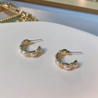 Faux Pearl Alloy Open Hoop Earring 1 Pair - Stud Earring - S925 Silver Needle - Gold - One Size