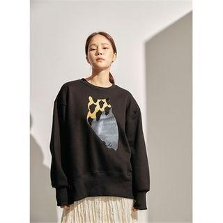 Slit-hem Printed Napped Pullover