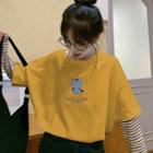 Mock Two-piece Cat Embroidered Long-sleeve T-shirt