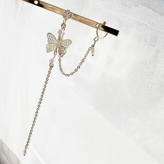 Butterfly Stud Earring Chained Ear Cuff 1 Piece - Silver - One Size