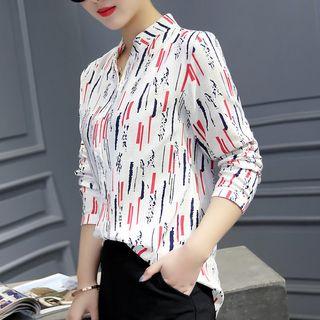 Stand Collar Printed Long-sleeve Shirt