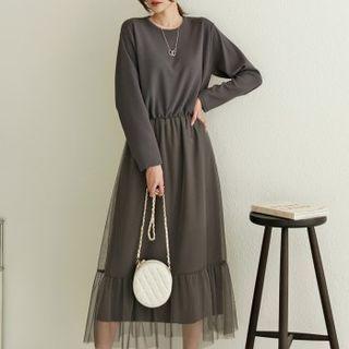 Mesh-trim Shirred Long Dress