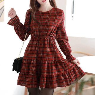 Tie-waist Plaid Tiered Dress Red - One Size