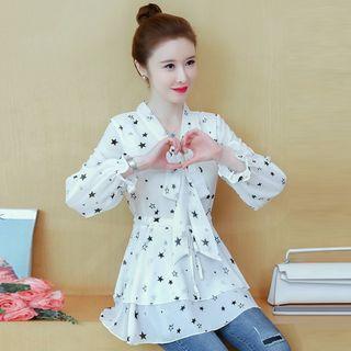 Long-sleeve Bow Star Printed Layered Chiffon Blouse