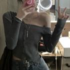 Long-sleeve Halter Off-shoulder Knit Top