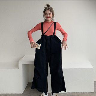 Plain Cut-out Long-sleeve T-shirt / Wide-leg Cropped Jumper Pants