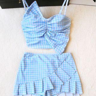 Set: Plaid Bikini Top + Swim Skirt