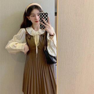 Long-sleeve Tie-neck Blouse / Pleated A-line Overall Dress