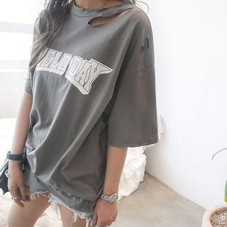 Short-sleeve Lettered Ripped T-shirt White - One Size