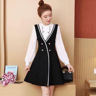 Mock Two Piece Buttoned A-line Dress